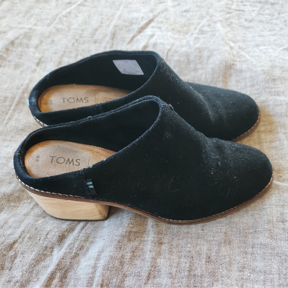 Toms Black Suede Mules with Wooden Heel